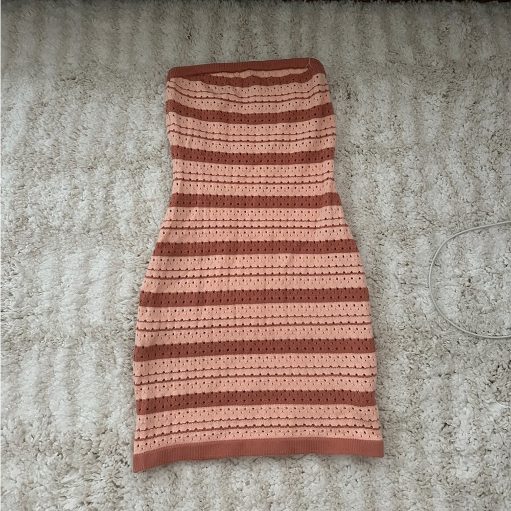 Striped Pink brown and Cream Strapless Dress - Picture 1 of 2